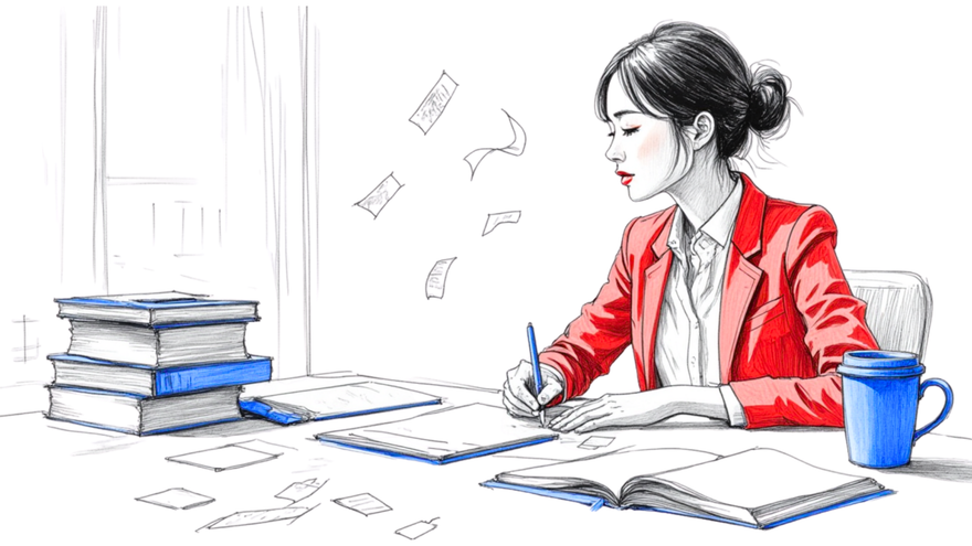 A woman in a red jacket writing at her desk, with blue books and mug grounding her focus. Red shows resilience, blue clarity. A quiet stand against office politics.