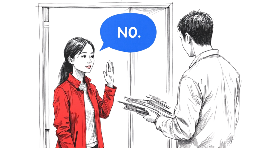 Woman in red blazer raises hand calmly, saying ‘No.’ to extra work. A steady, polite refusal showing boundaries without apology.