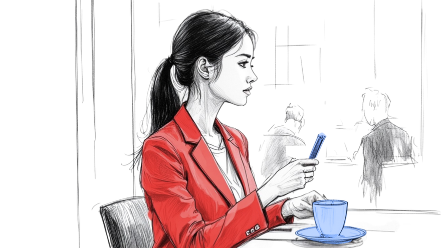 A woman in a red blazer sits at a café table with a blue cup and phone, pausing in thought while conversations blur in the background.