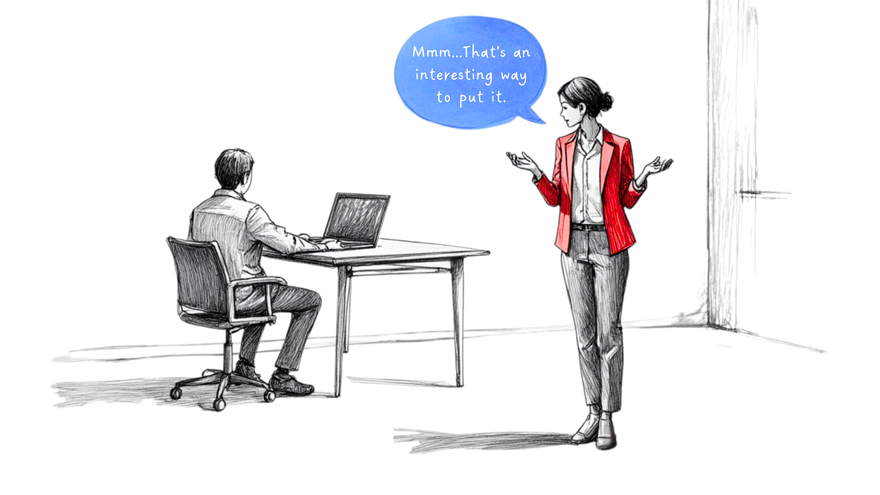 A woman in a red jacket addressing a man at his laptop, her words marked in blue. Red signals resolve, blue her steady voice. A quiet stand against undermining.