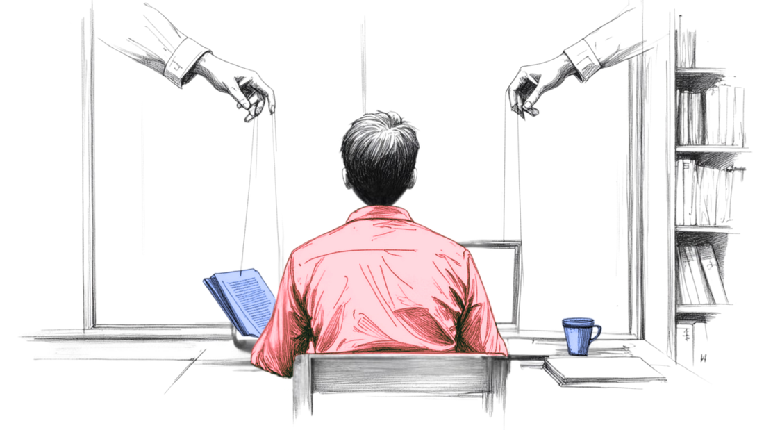 A man in a red shirt under puppet strings, with a blue book and mug beside him. Red shows awareness, blue truth. A quiet stand against manipulation.