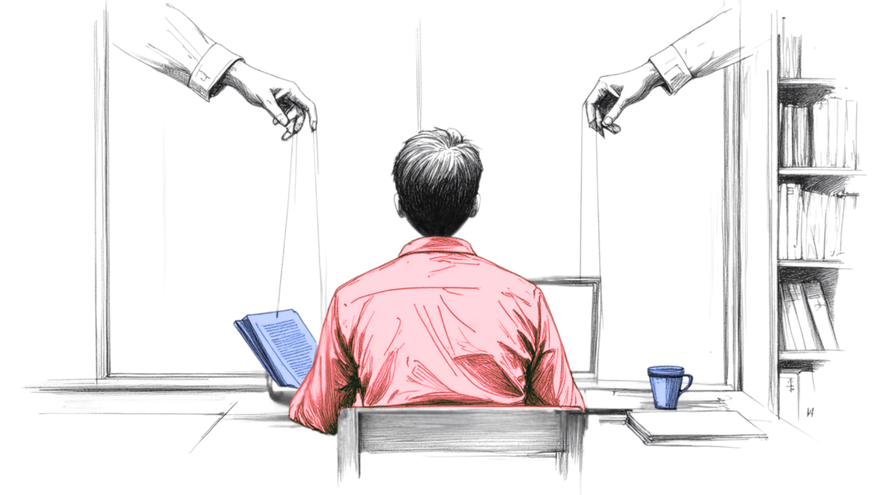 A man in a red shirt under puppet strings, with a blue book and mug beside him. Red shows awareness, blue truth. A quiet stand against manipulation.
