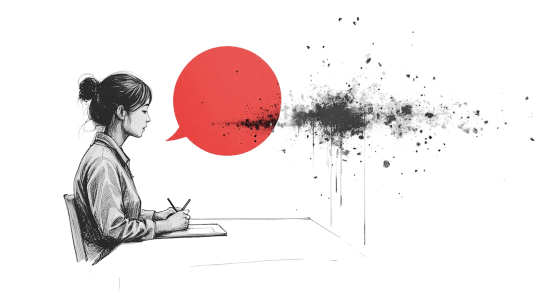 Woman pauses mid-conversation in a meeting, choosing not to over-explain, representing quiet confidence and clear communication
