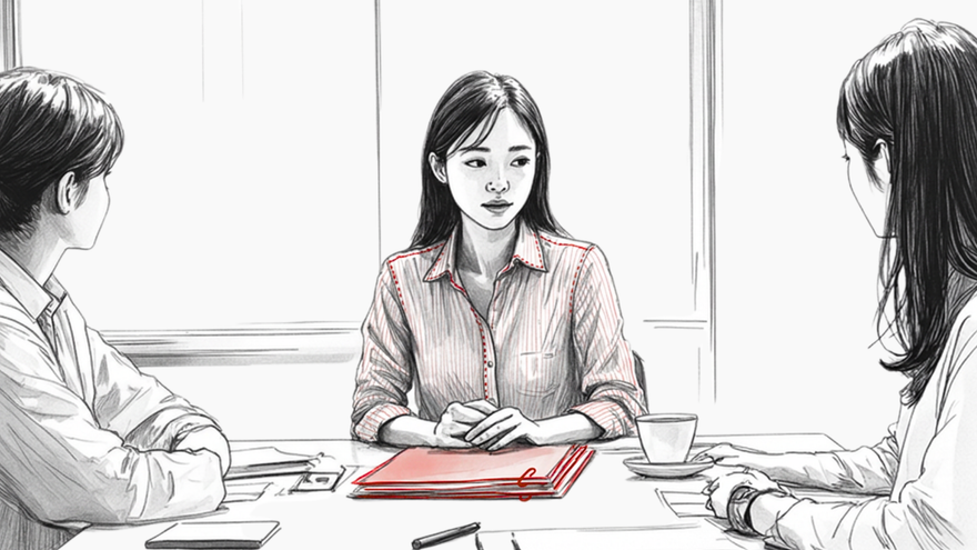 A woman sits at a meeting table, hands clasped. Two colleagues face her. She has just finished speaking. There is no rush to qualify or repeat herself. This is what quiet authority looks like — present, composed, and done.