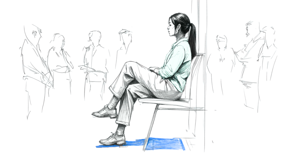 She chooses stillness in a noisy room, grounded in her own truth while the chatter of others fades to background sketches.
