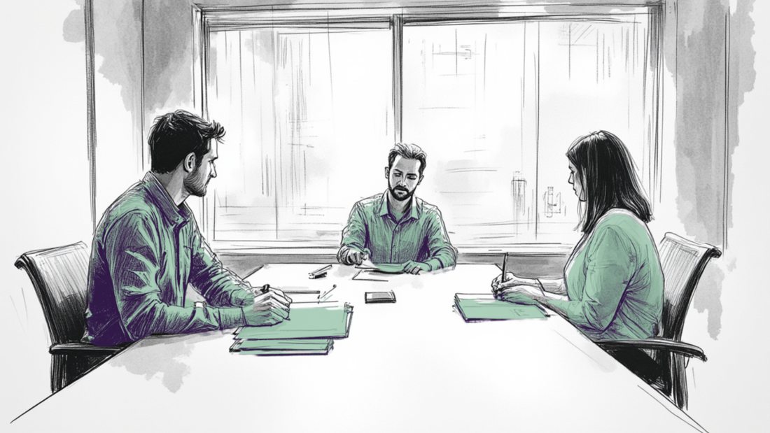 Minimalist sketch of a workplace meeting where three people sit in silence, holding notes, with muted green accents suggesting unspoken thoughts and quiet decision-making.