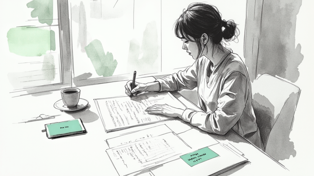 Minimalist editorial illustration of a woman at an office desk editing a printed document with a pen, representing quiet decisions and small actions.