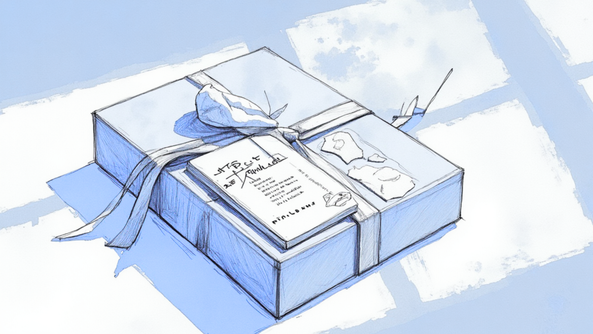 A ribbon-wrapped stationery gift box bathed in soft blue light, symbolising thoughtful self-care bundles from The Final Say Co.