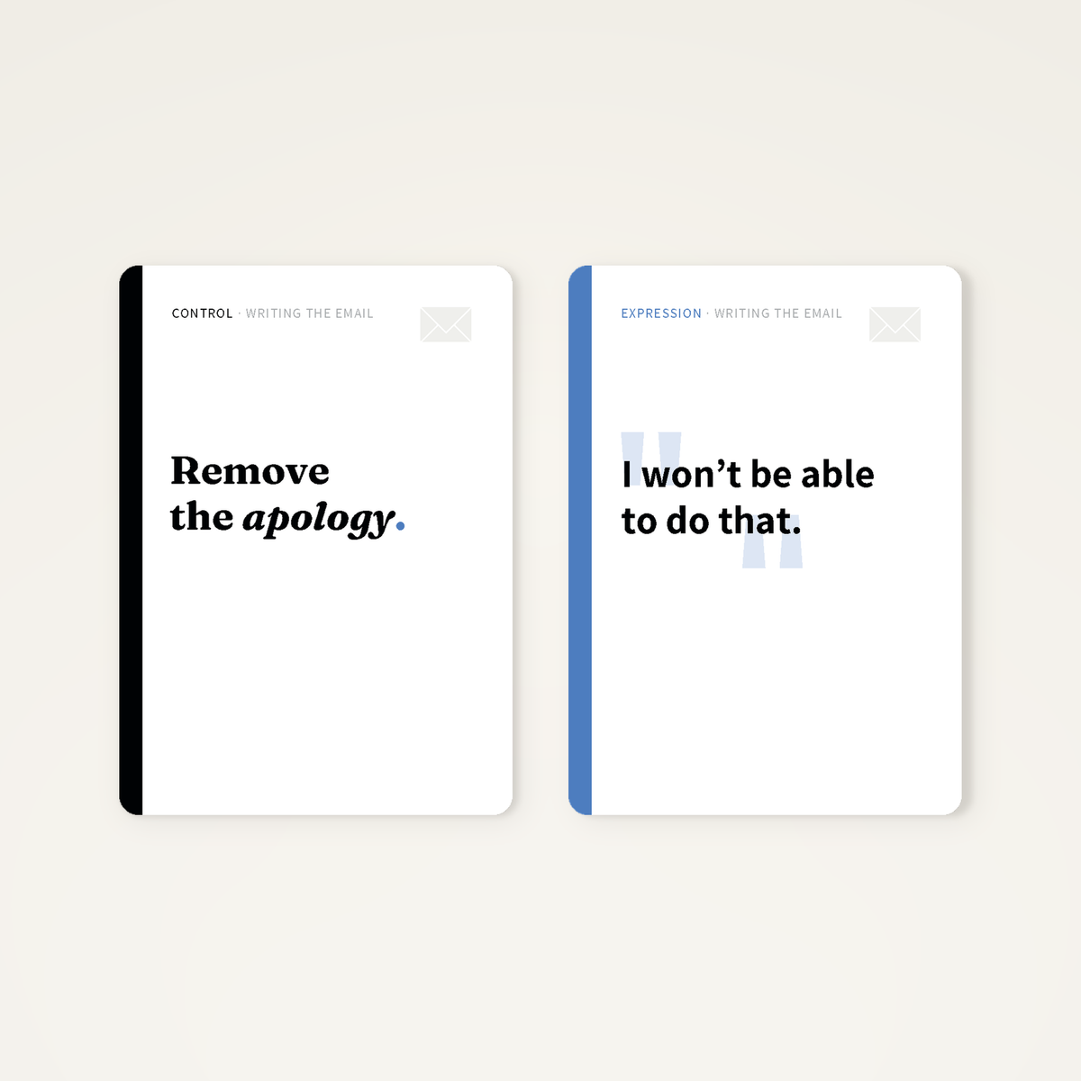 Two Mandate cards from Writing The Email: the Control card reads Remove the apology., the Expression card reads I won't be able to do that. The edit, then the sentence that survives it.