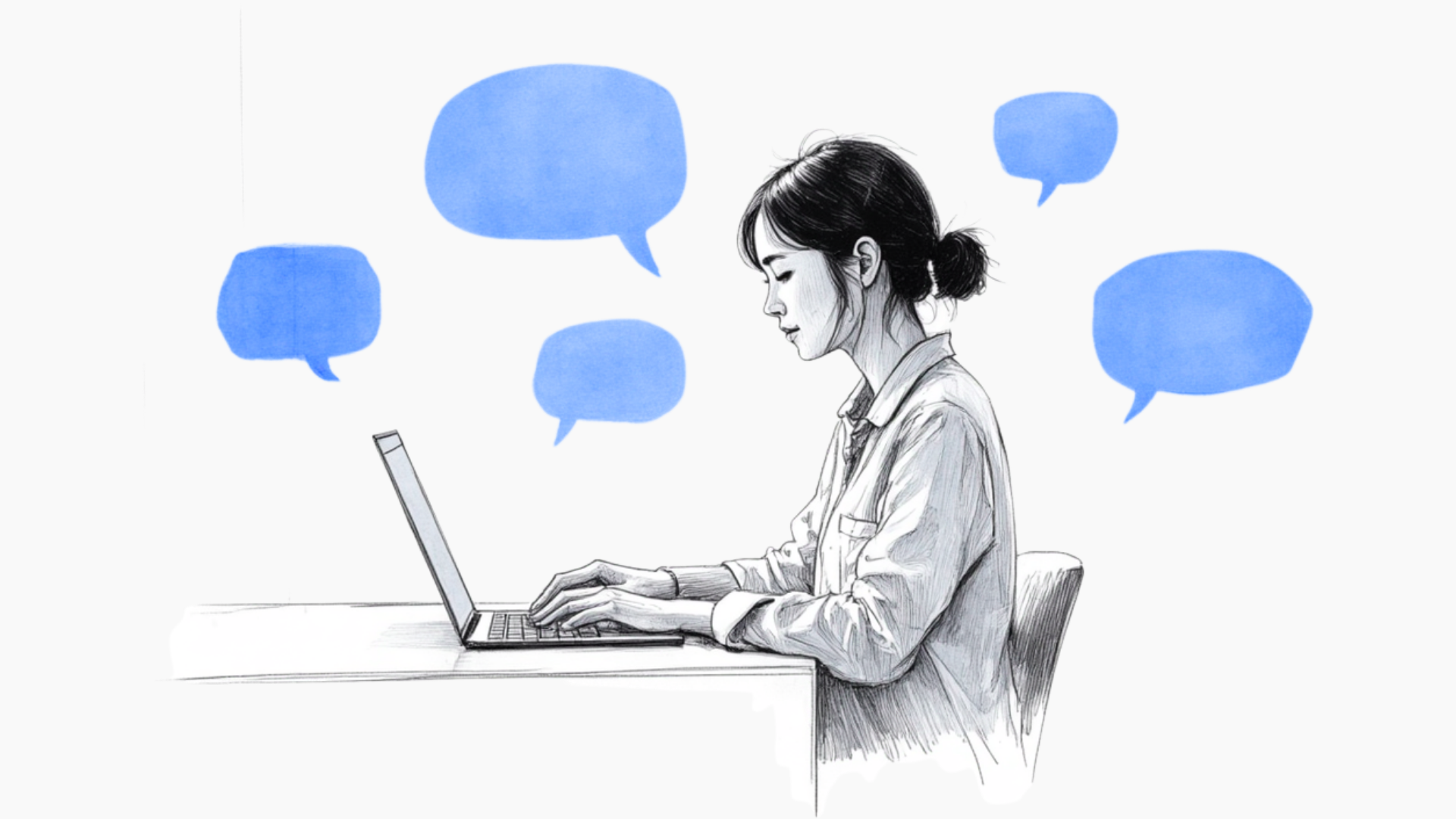 A woman typing on a laptop with soft blue speech bubbles around her, symbolizing calm conversation.