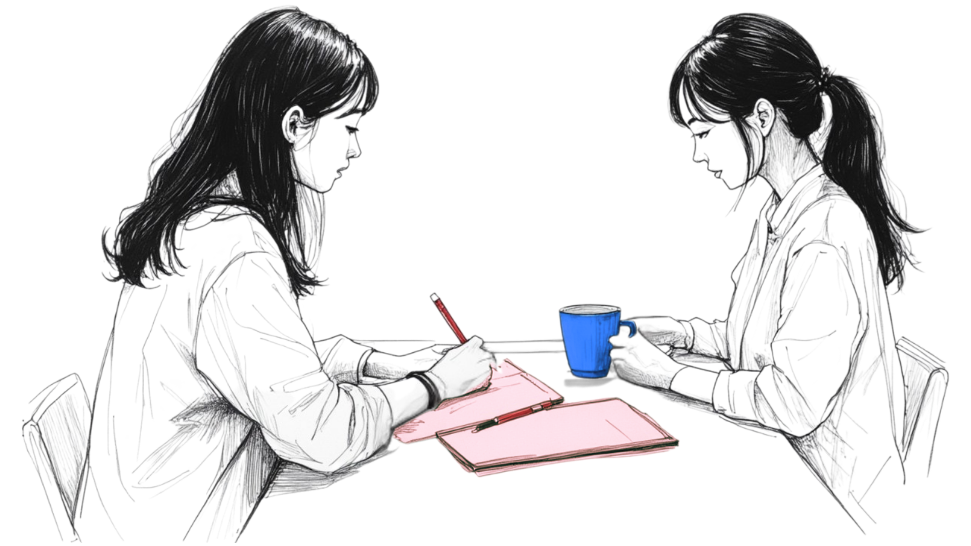 Cozy desk moment with two women sharing a quiet pause, one writing while the other reflects with a blue mug in hand.