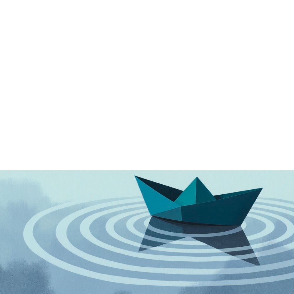 A paper boat floating in shallow rippled water, symbolizing hesitation and finding the courage to move forward.