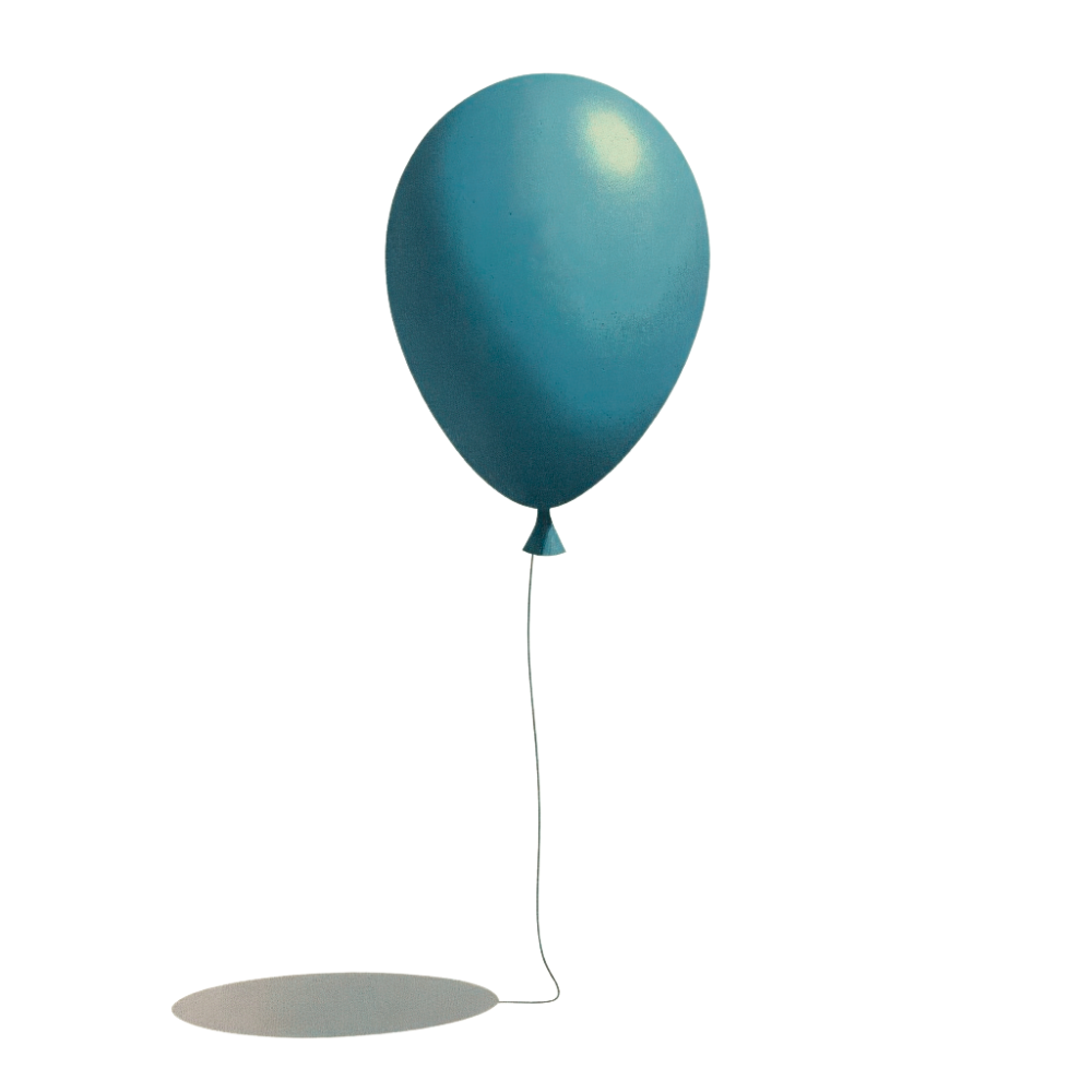 A lone balloon losing lift, floating gently above its shadow, evoking exhaustion and the need to recharge.