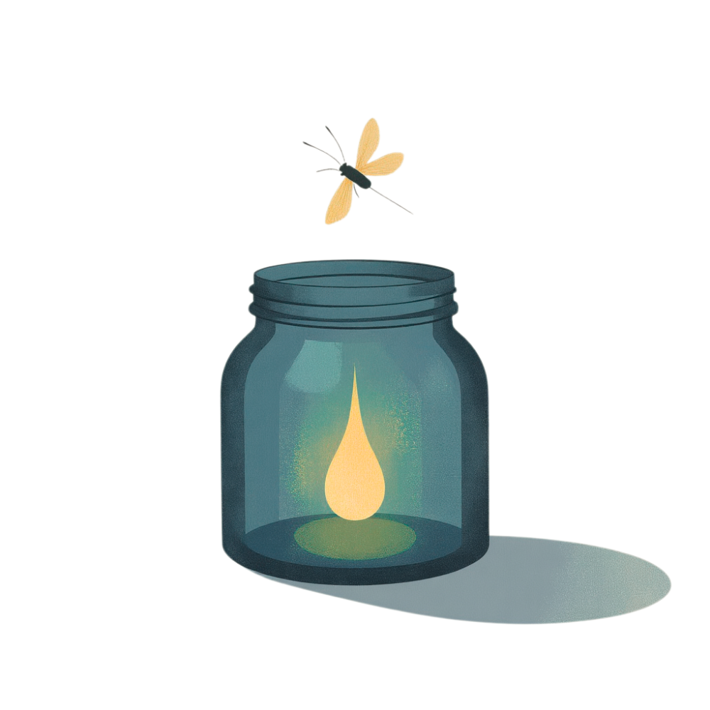 Softly lit green jar with one firefly escaping its glow, evoking introspection and gentle self-awareness.