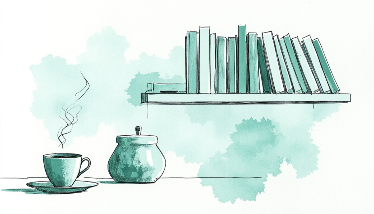 A calm teal scene with a stack of books and a steaming cup of coffee, symbolizing reflection, clarity, and quiet strength from within.