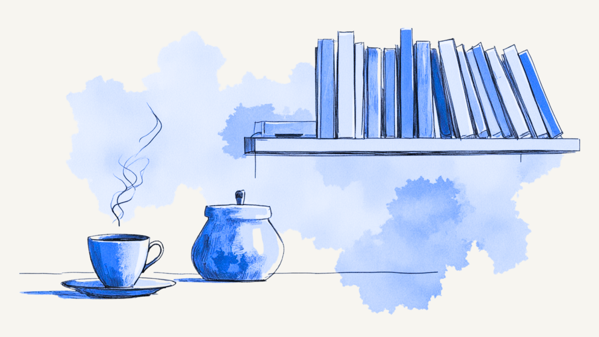 A calm scene with a stack of books and a steaming cup of coffee, symbolizing reflection, clarity, and quiet strength from within.