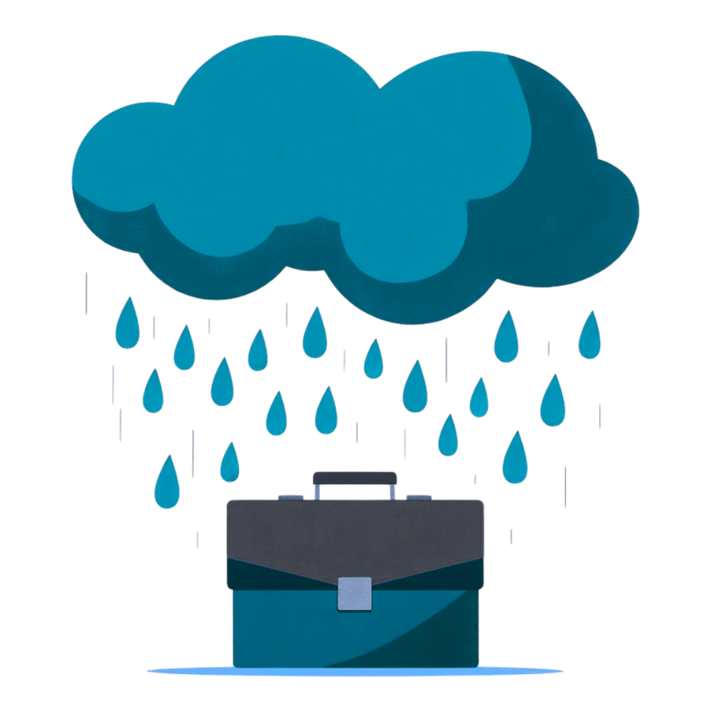 A rain cloud pouring over a briefcase, representing emotional overload and navigating tense workplace dynamics.