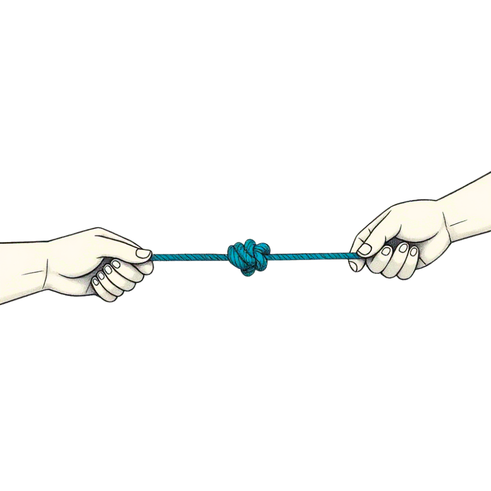 Two hands pulling a knotted green rope, reflecting inner tension and the quiet strain of unspoken conflict.