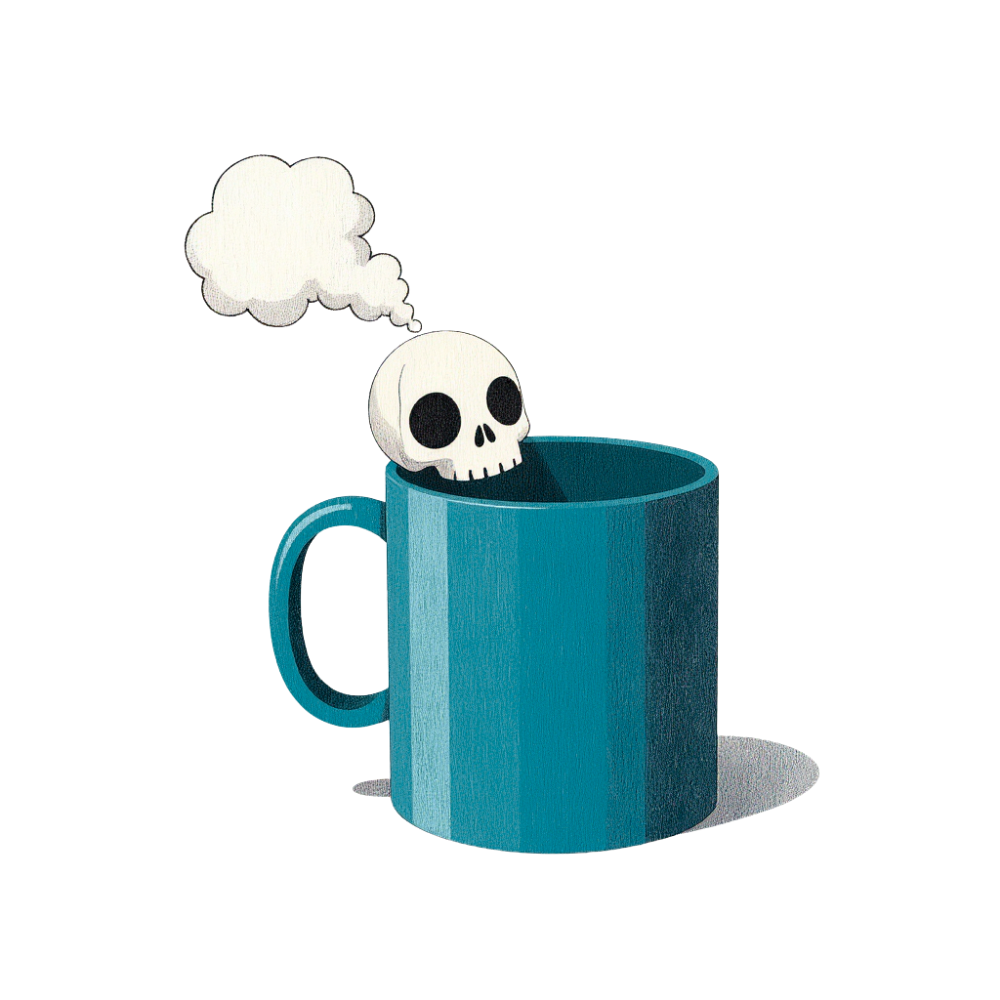 A mug releasing a thought cloud shaped like a skull, symbolising quiet burnout and emotional exhaustion beneath routine.