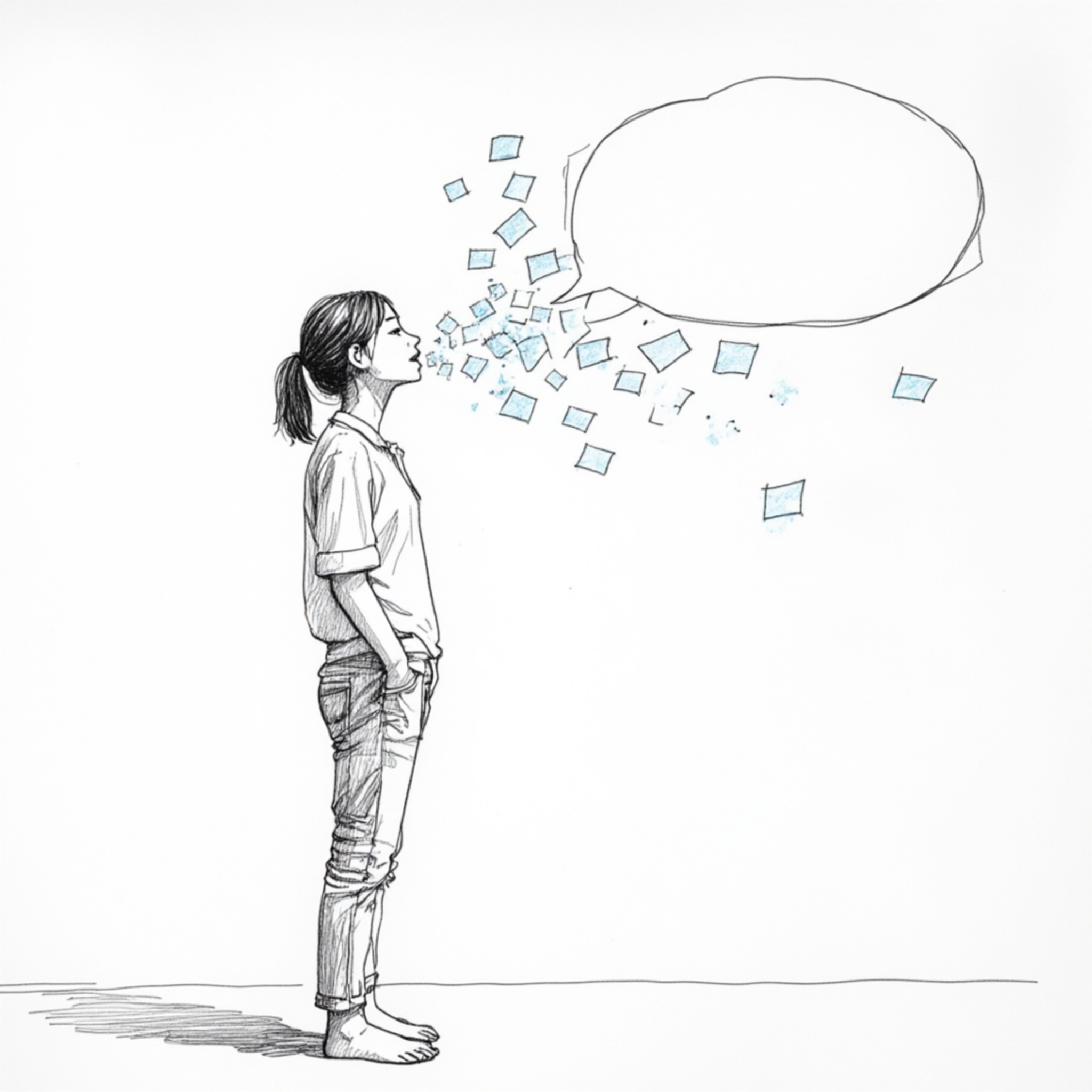 A young woman exhales small blue squares that rise into an empty speech bubble — a quiet but powerful release of words finding their place.