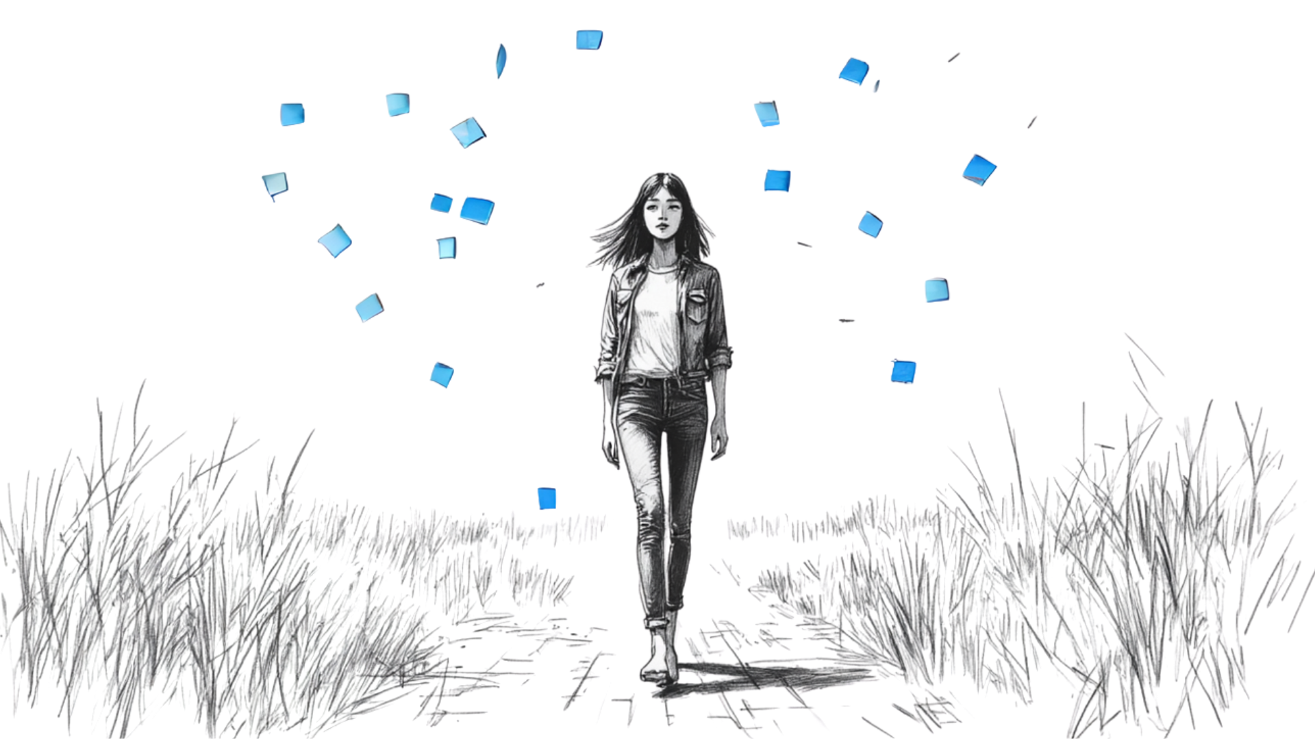 A woman walks forward barefoot on a path, blue notes swirling around her like fragments of thought, carried with quiet conviction into the open.