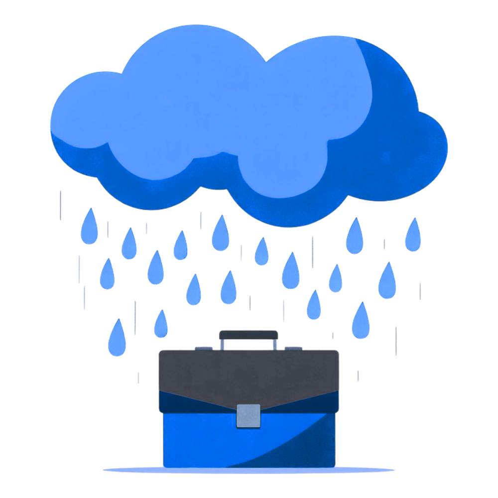 A heavy blue cloud rains over a black-and-blue briefcase — a quiet metaphor for toxic workplaces where hidden storms often follow us inside.