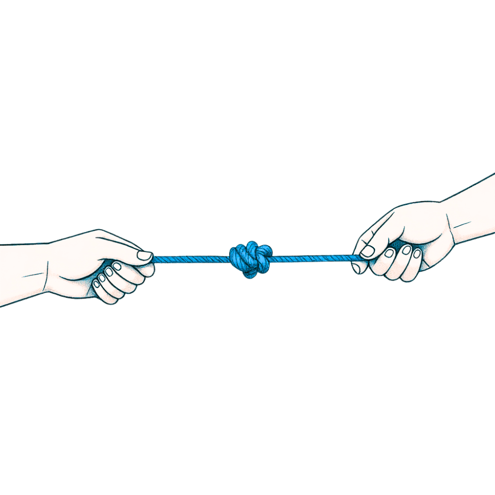 Two hands grip opposite ends of a blue rope knotted in the middle — a subtle stand-off, illustrating the silent weight of tension and control.