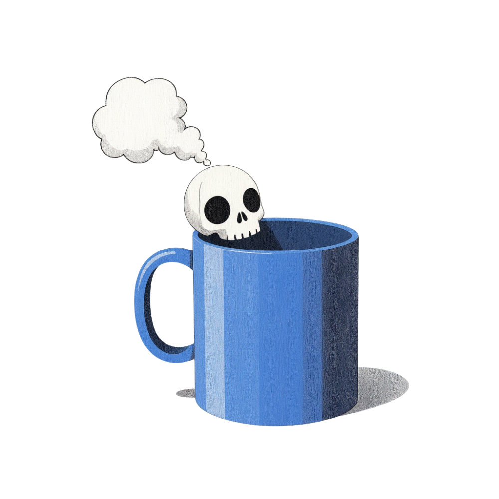 A skull rises from a steaming blue mug, thought bubble in tow — a wry image of how negativity seeps into everyday rituals, even over coffee.