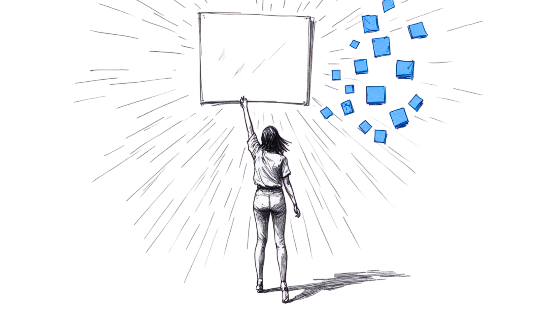 From behind, a woman raises her hand to a glowing square while blue notes burst outward — a reminder that every voice can claim space and light.