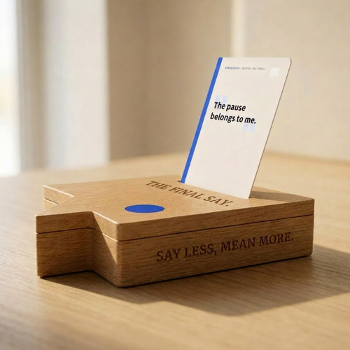 The Final Say Mandate Vault displaying a Before You Speak Expression card reading "The pause belongs to me." Engraved wooden vault in speech bubble form with SAY LESS, MEAN MORE. on a natural wood surface.