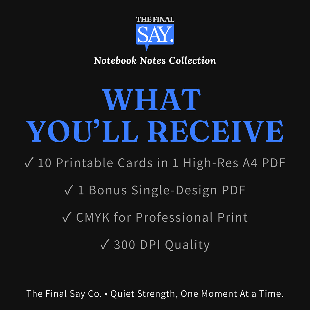 Product image listing what’s included in the Notebook Notes digital download — 10 printable cards, bonus design, CMYK, 300 DPI.