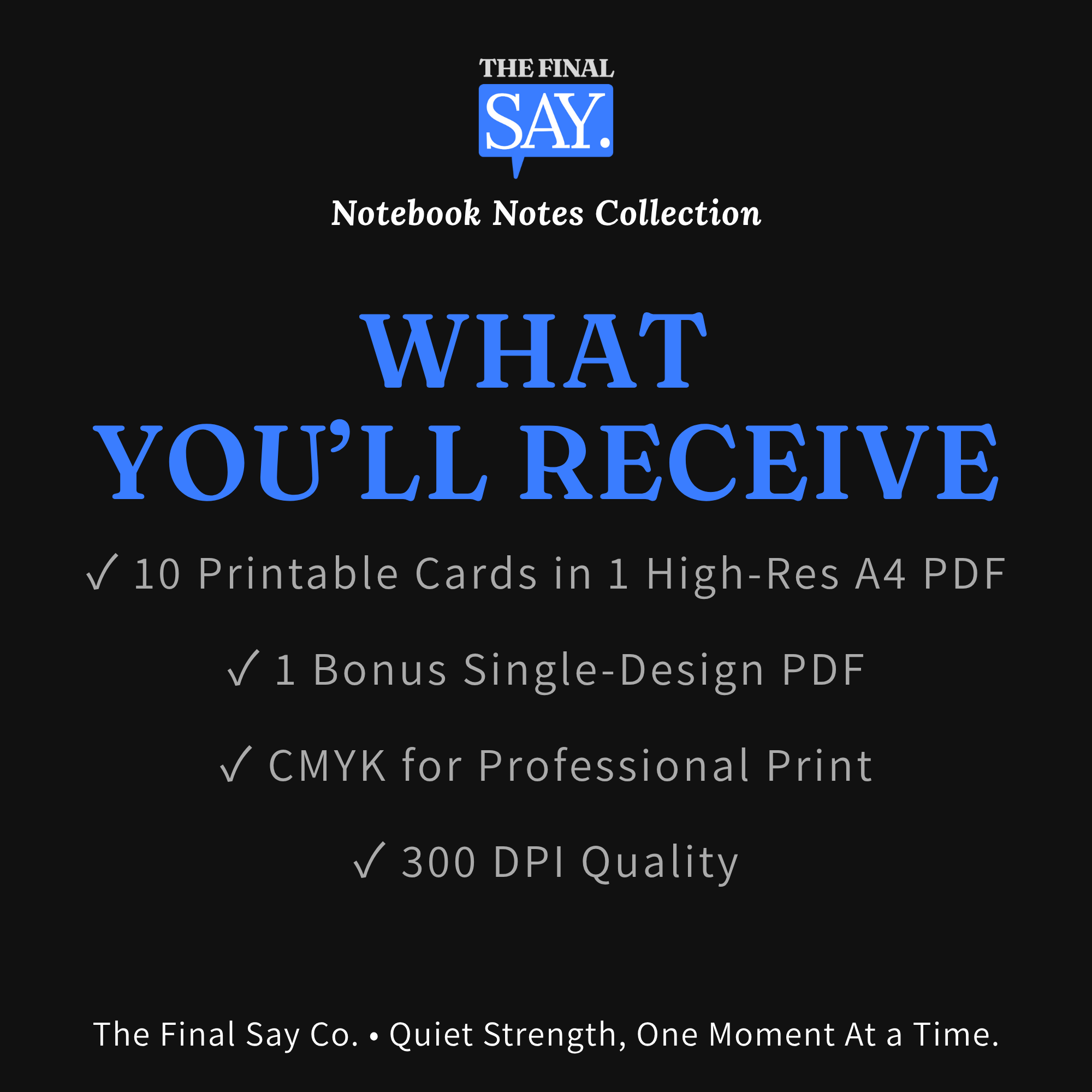 Product image listing what’s included in the Notebook Notes digital download — 10 printable cards, bonus design, CMYK, 300 DPI.