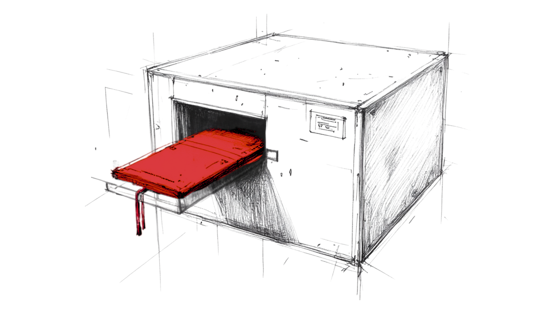 A red notebook sliding into a vault drawer, symbolizing safe keeping of your Final Say and private reflections.