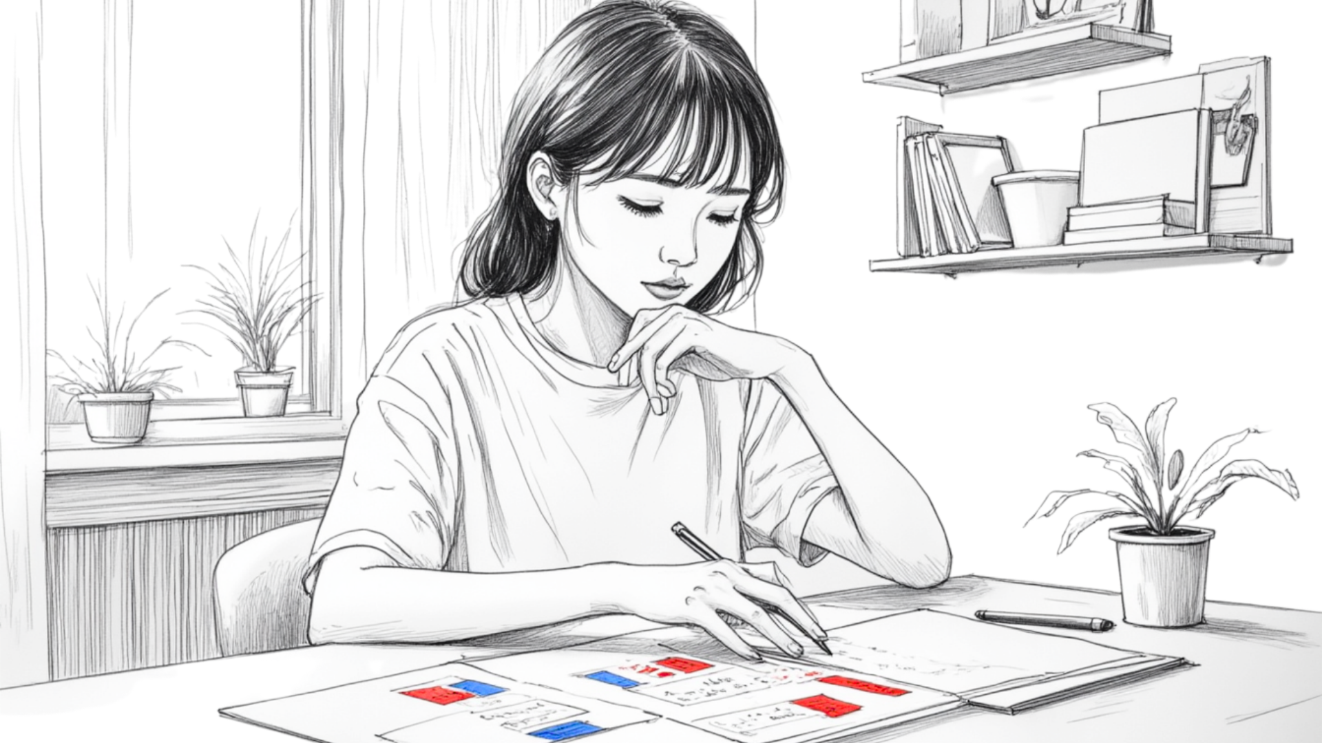 Young woman deep in thought at her desk, sketching ideas and writing notes that capture her quiet strength and clarity.