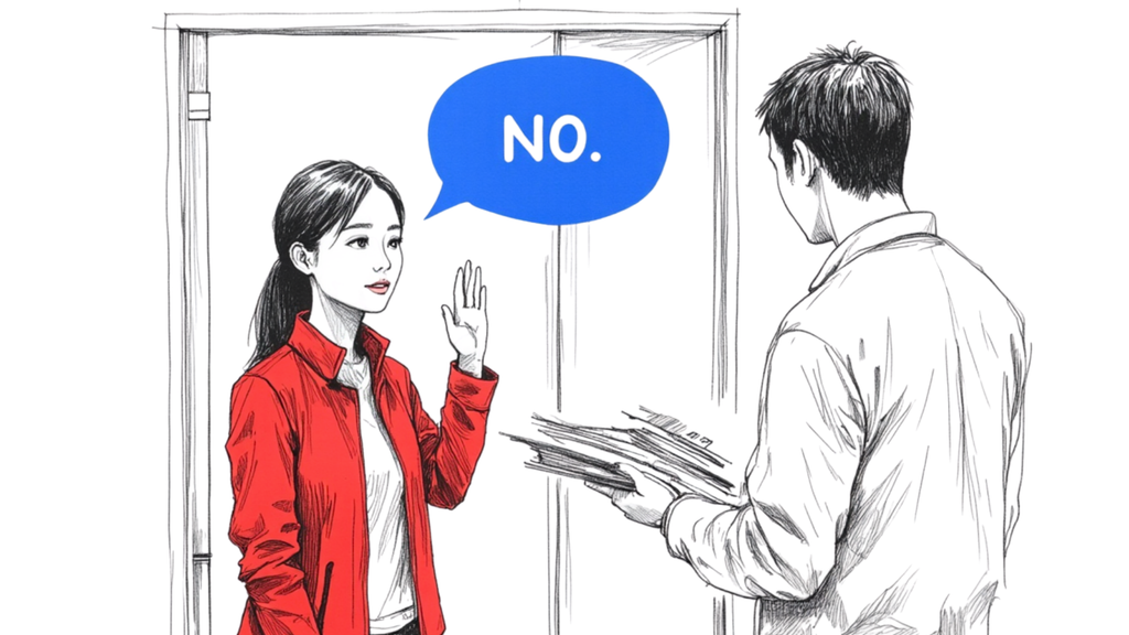 Woman in red blazer raises hand calmly, saying ‘No.’ to extra work. A steady, polite refusal showing boundaries without apology.