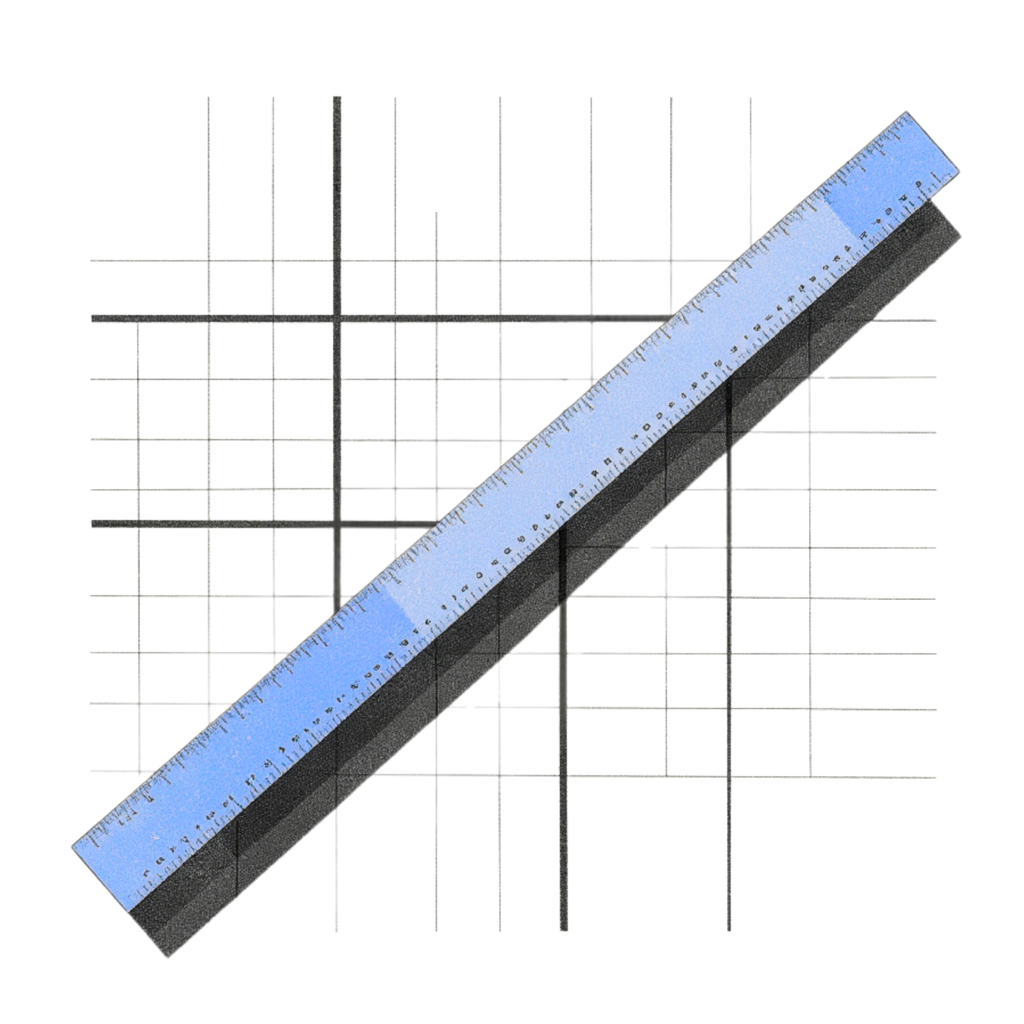 Minimal pencil-sketch icon of a blue ruler over a grid, symbolizing calm, intuitive design and balanced creativity by The Final Say Co.