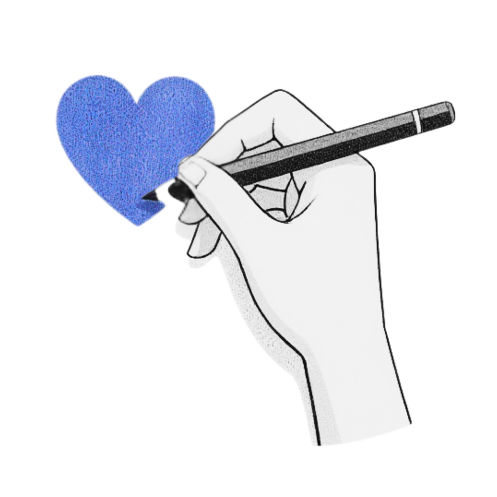 Editorial illustration of a hand drawing a blue heart with a pencil, representing thoughtful, intentional craftsmanship by The Final Say Co.