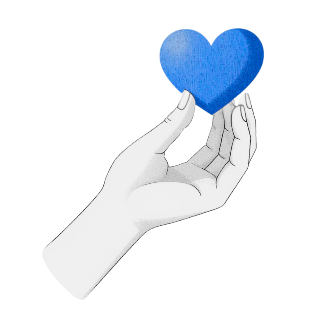 Minimal hand gently holding a blue heart, symbolizing mindful pricing and kind values by The Final Say Co.