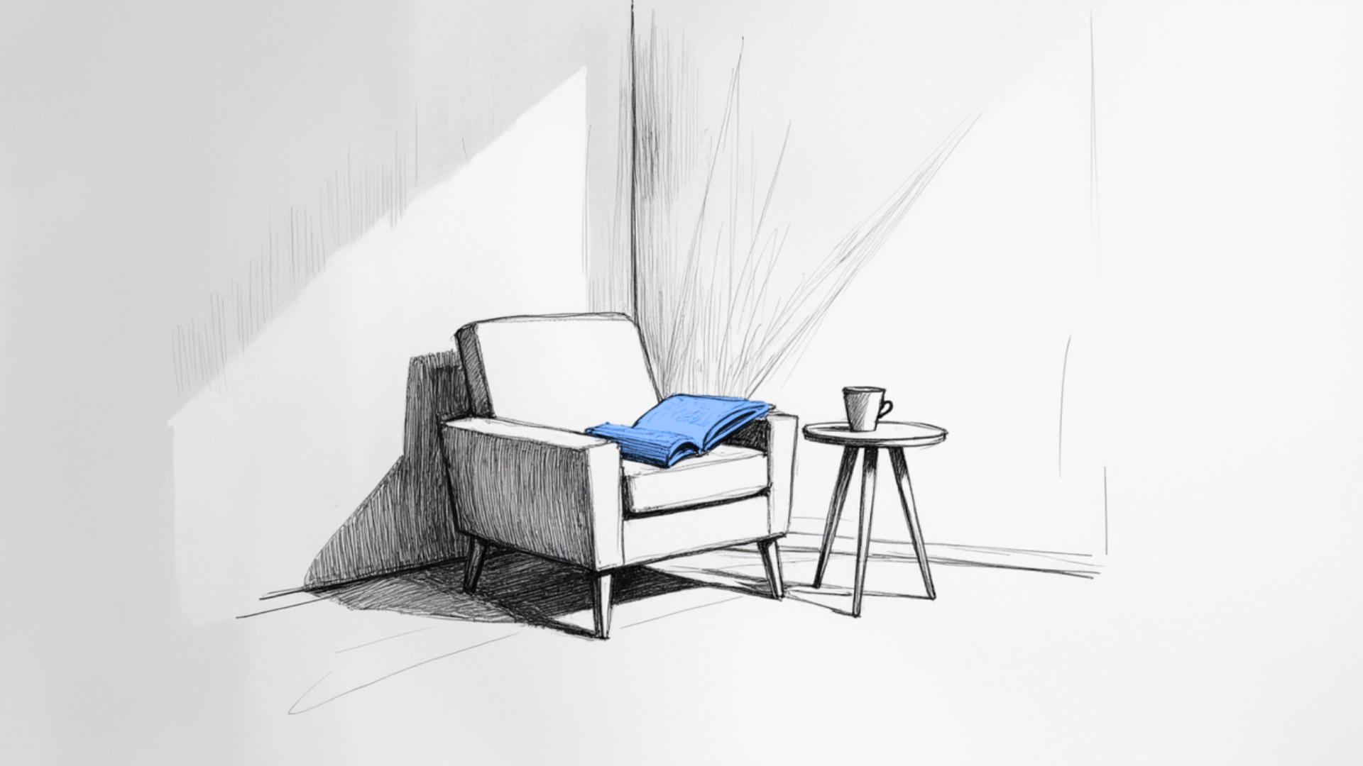 A quiet reading chair with sunlight and a blue book open — a space for stillness, reflection, and returning to your own thoughts.