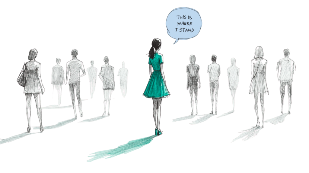 A lone figure stands tall in color, declaring her place with quiet conviction among grey silhouettes — a stand for clarity and courage.