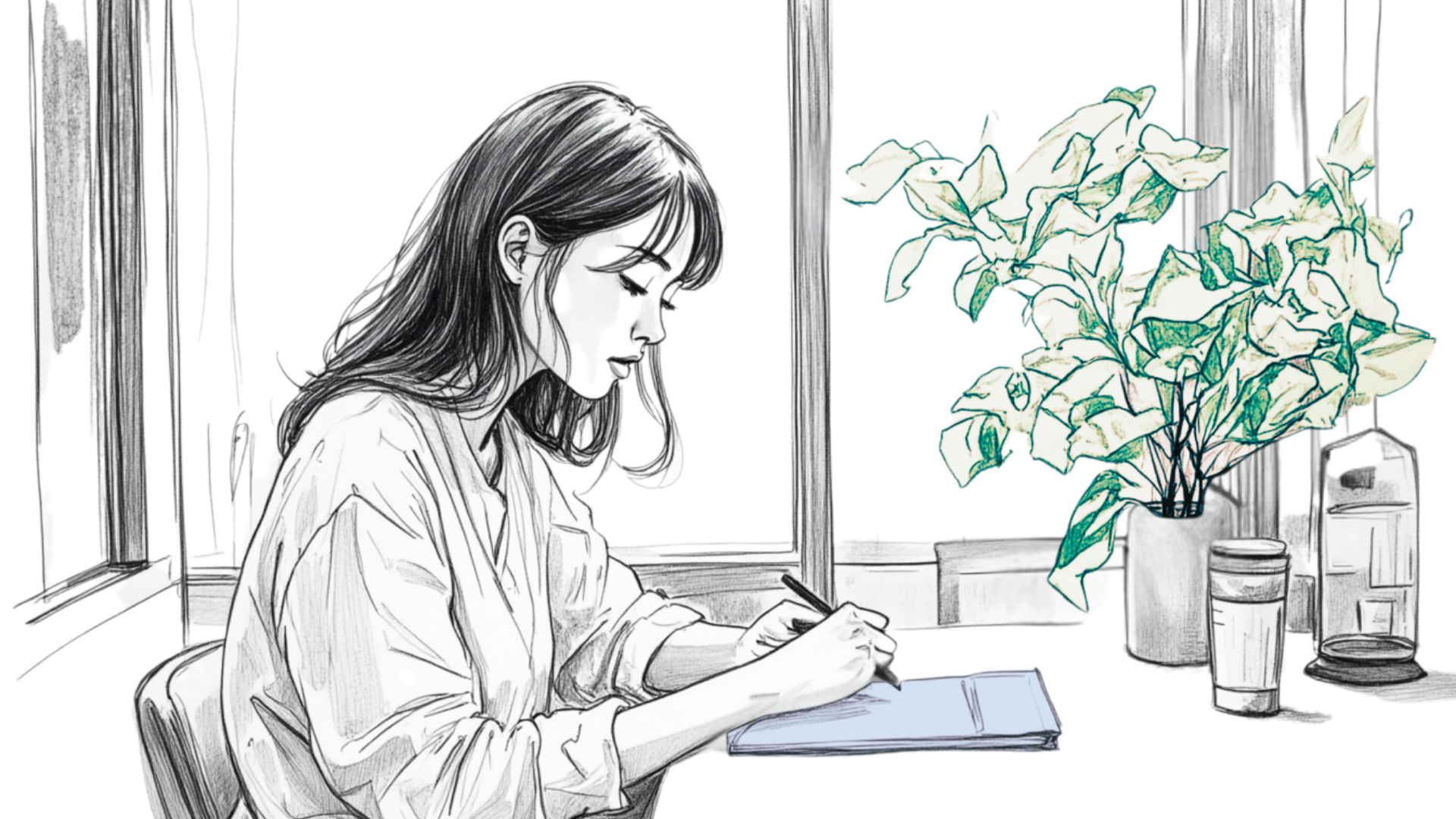 A woman writes at a desk by the window, framed by soft greenery—capturing the quiet strength of reflection and self-expression.