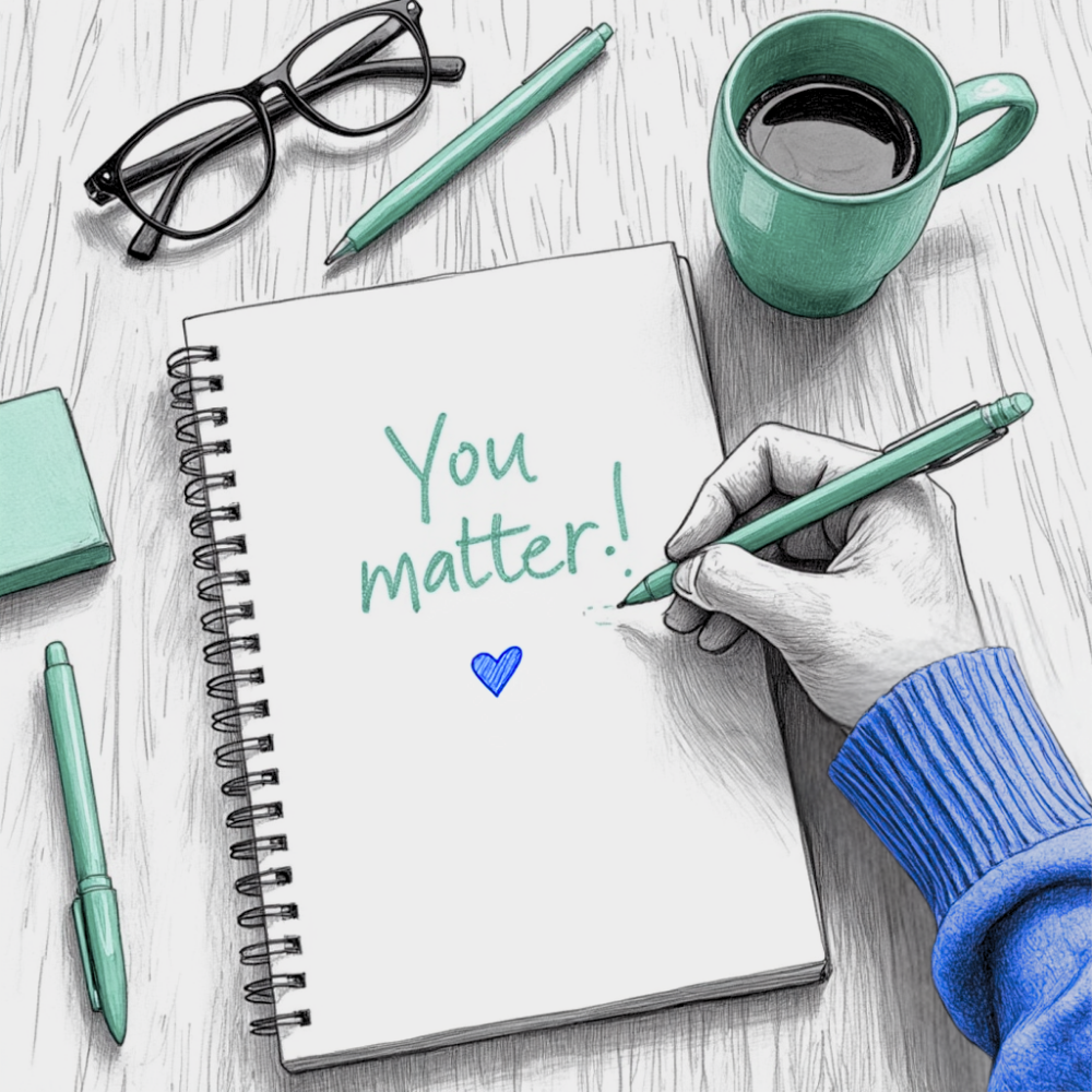 A hand in a blue sweater writes “You matter!” in a notebook, surrounded by pens, glasses, and coffee—an intimate reminder that quiet voices hold weight.
