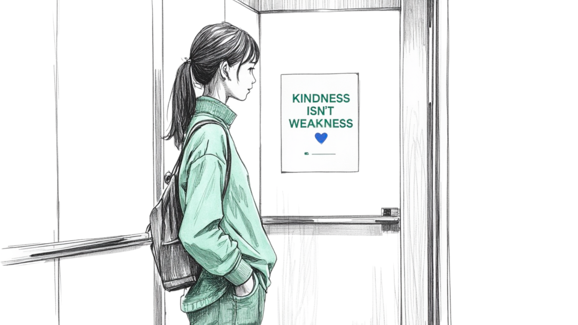A young woman stands in an elevator, looking at a poster that reads “Kindness isn’t weakness”—a gentle manifesto for the quiet comeback.
