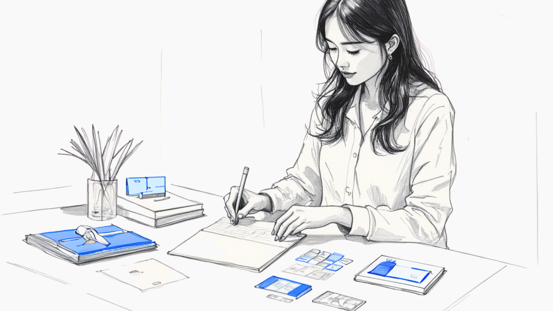 a calm woman writing at a desk surrounded by notebooks, cards, and stationery, symbolising quiet focus, creativity, and The Final Say Co. shop.