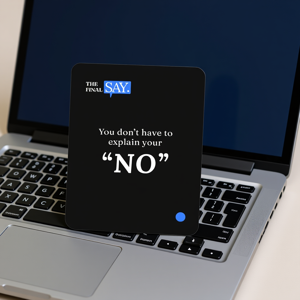 Printable affirmation card “You don’t have to explain your NO” from The Final Say Co., displayed on a laptop for modern minimal workspace styling.
