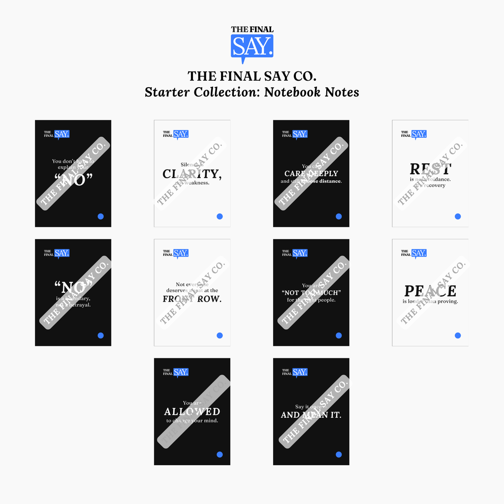 Set of ten printable Notebook Notes from The Final Say Co. Starter Collection featuring minimalist black-and-white affirmation cards with blue-dot detail.