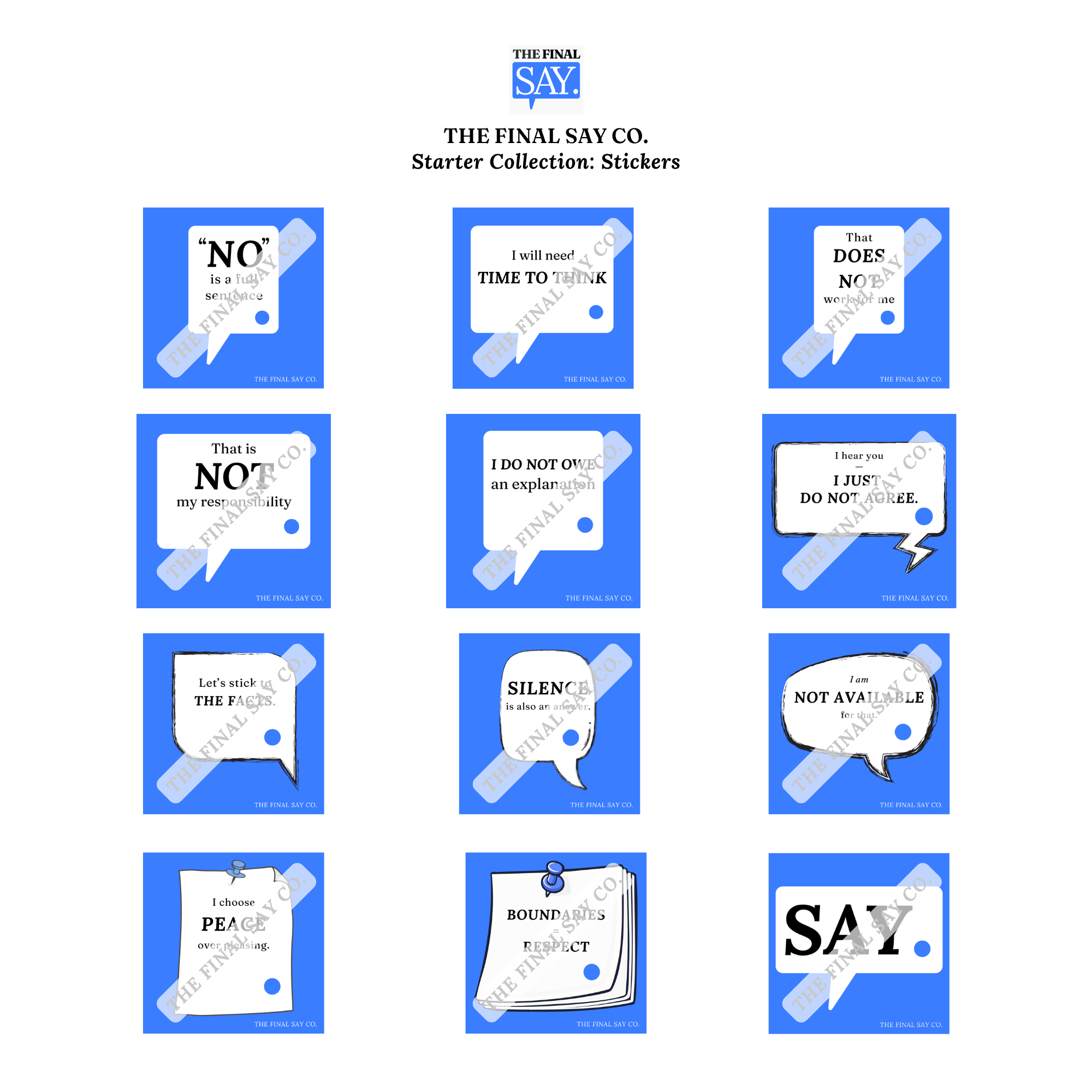 Printable sticker sheet with boundary quotes and affirmations from The Final Say Co. Starter Collection.