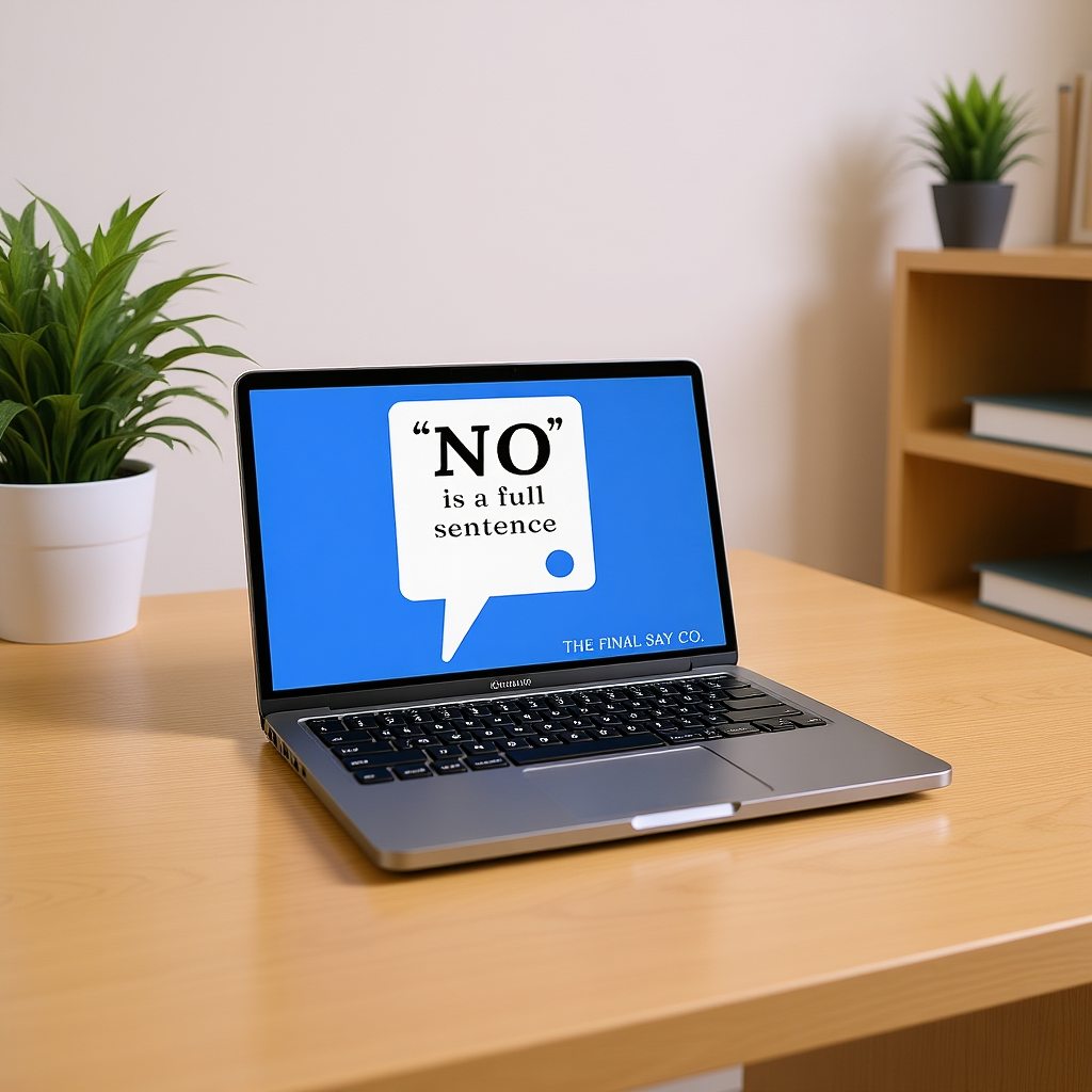 Laptop on desk showing The Final Say Co. sticker design ‘No is a full sentence’ in brand blue.