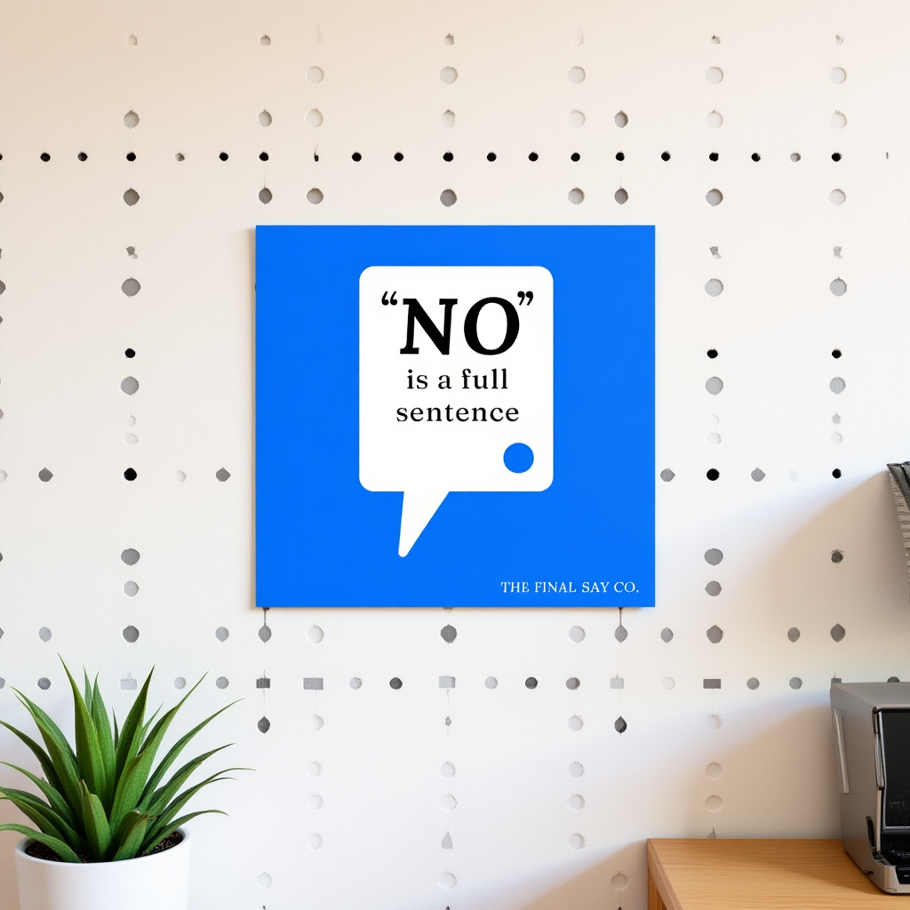Sticker on peg board featuring The Final Say Co. quote sticker ‘No is a full sentence’ in blue and white.