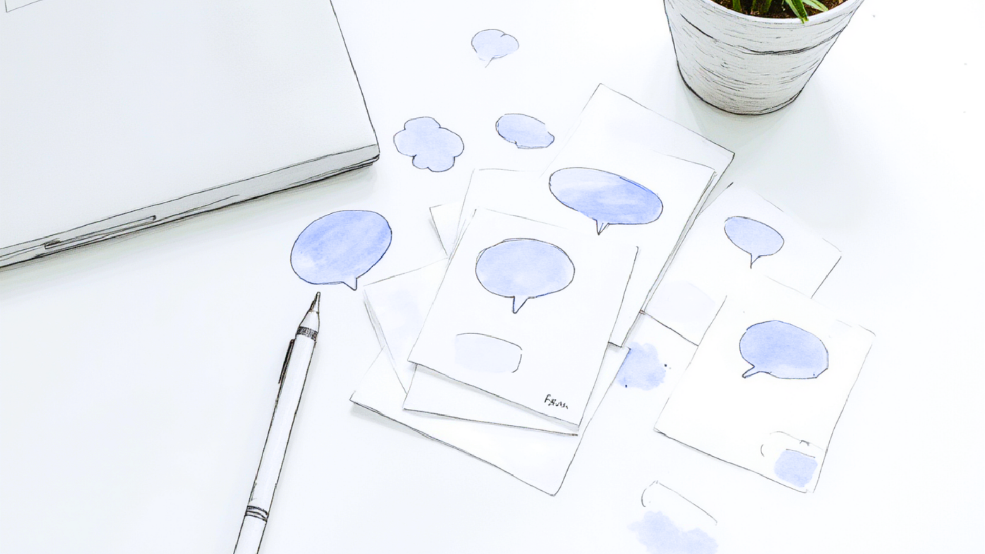 A clean flat lay of blue speech-bubble stickers beside a pen, representing gentle comebacks and quiet self-expression.